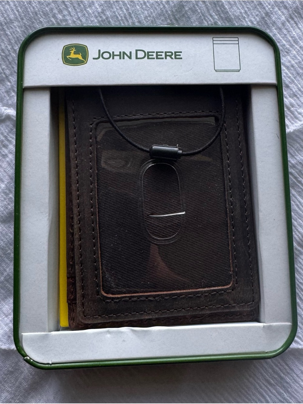 John Deere genuine leather money clip wallet in its original collectible tin.